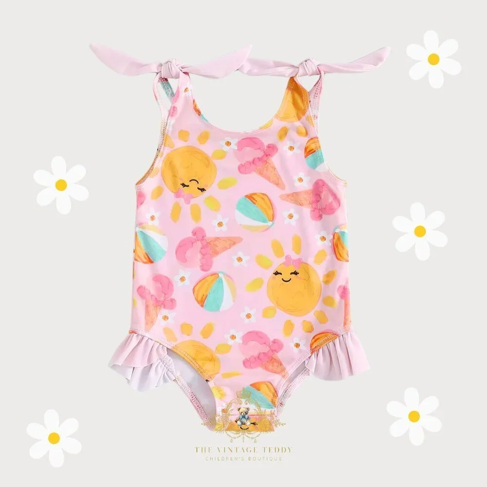 NWT Pretty Girls One-Piece Swimsuit Kids Swimwear Little Sunshine Pink 12-18M